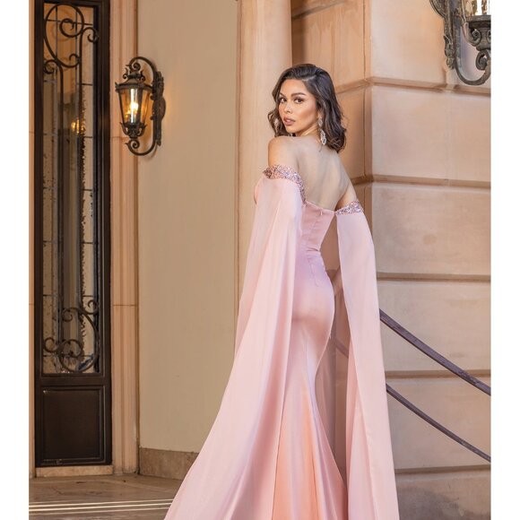 New Off Shoulder Sheath Dress w/ Beads Embroidery & Shoulder Drapes DQ 4306 - Picture 4 of 9